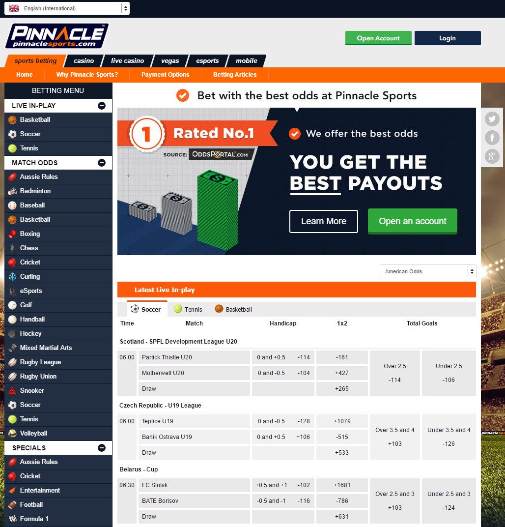 Pinnacle Sportsbook Betting Software Interface - Home Page