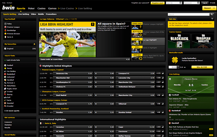 BWIN Main Page Betting Interface