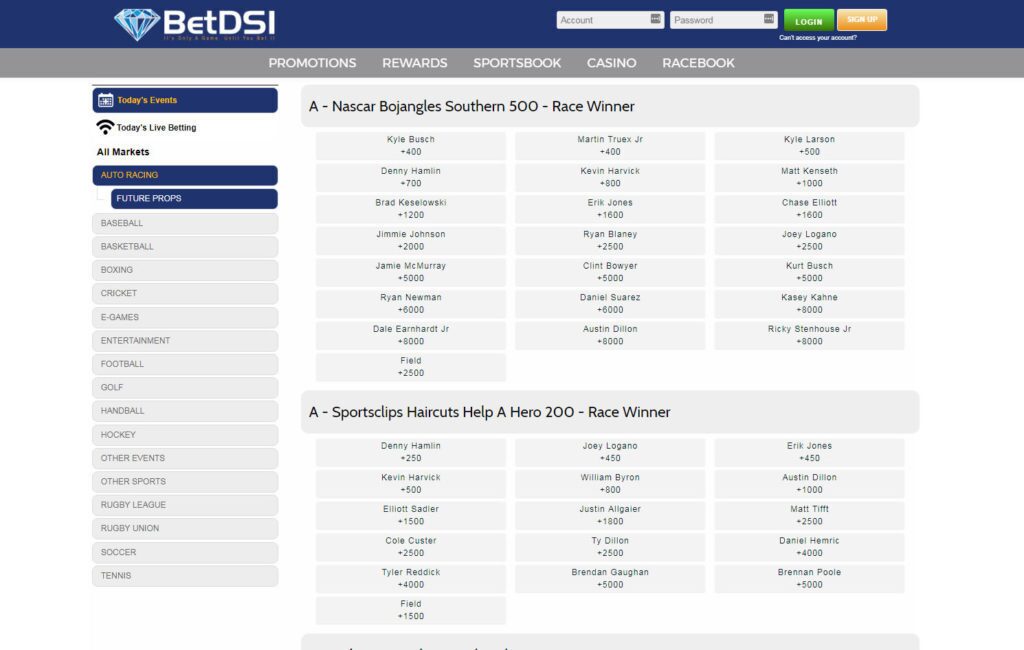 BetDSI Sportsbook lines homepage screenshot