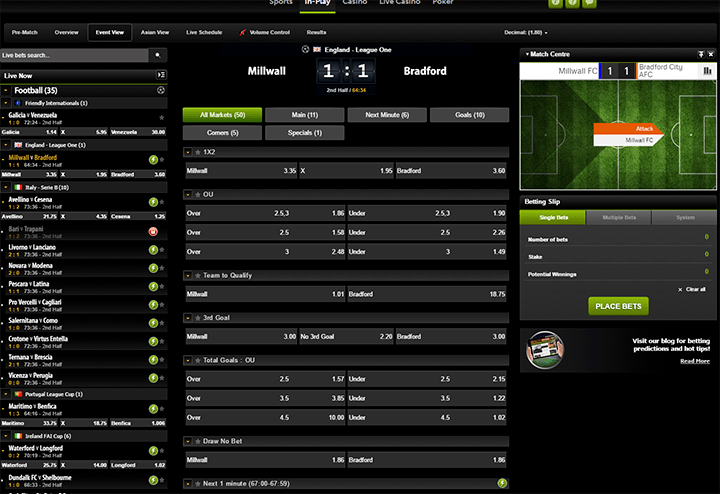 ComeOn In Play Betting Interface