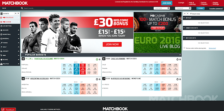 Matchbook Sportsbook Betting Software Interface Homepage