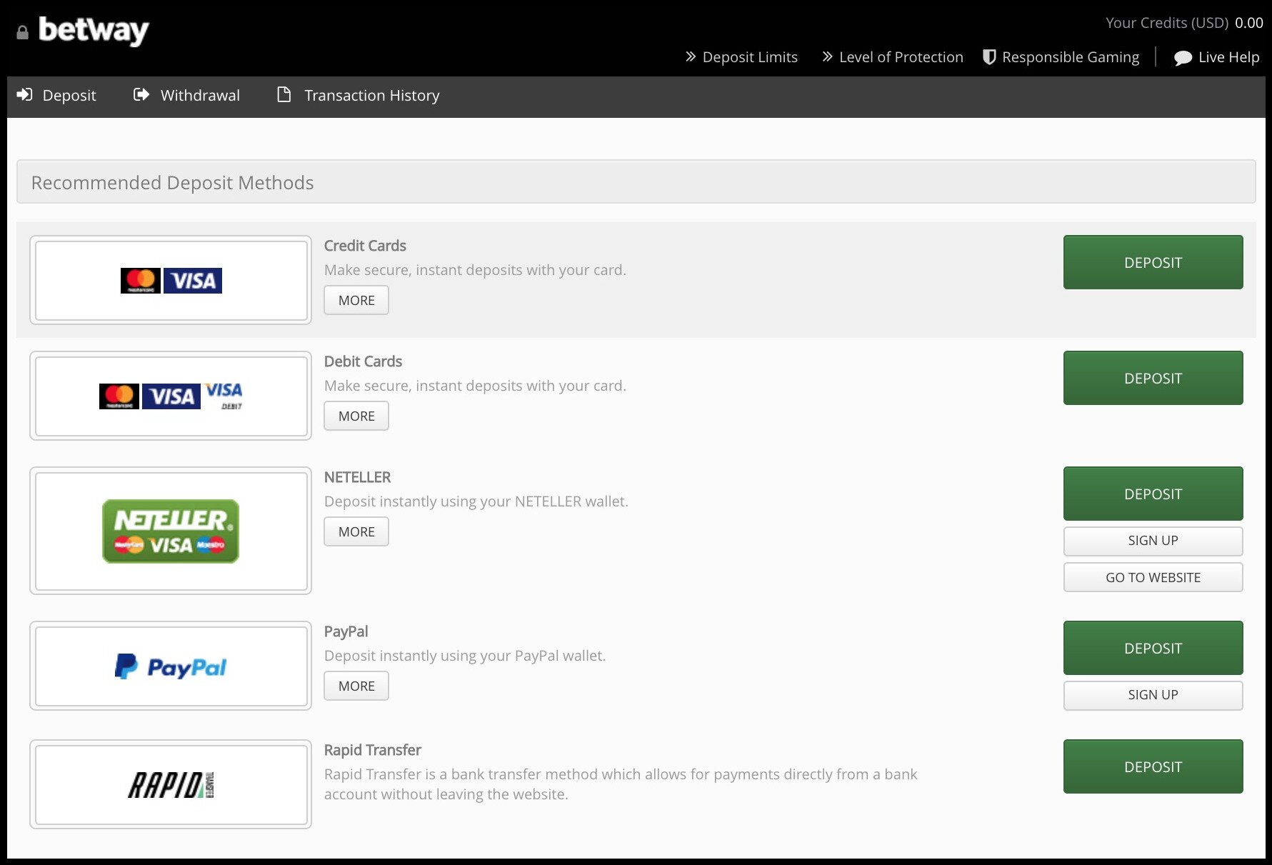 BetWay Deposit Options and Deposit Page After Login