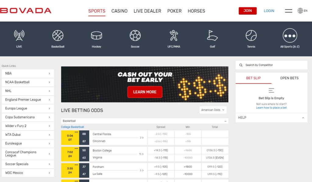 Bovada live betting interface