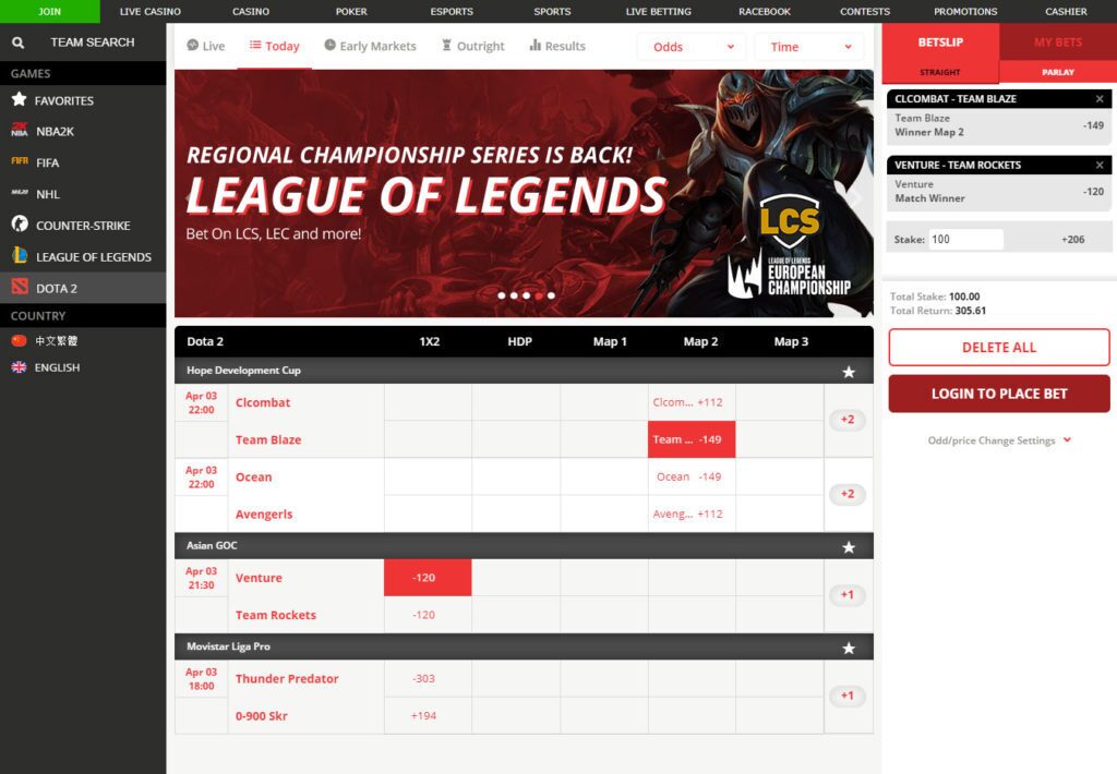 BetOnline eSports Betting Interface