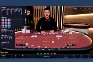 Screenshot of a live dealer online baccarat game being played