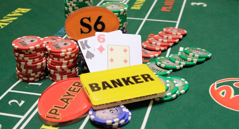 Live dealer baccarat super 6 variant table with chips and cards